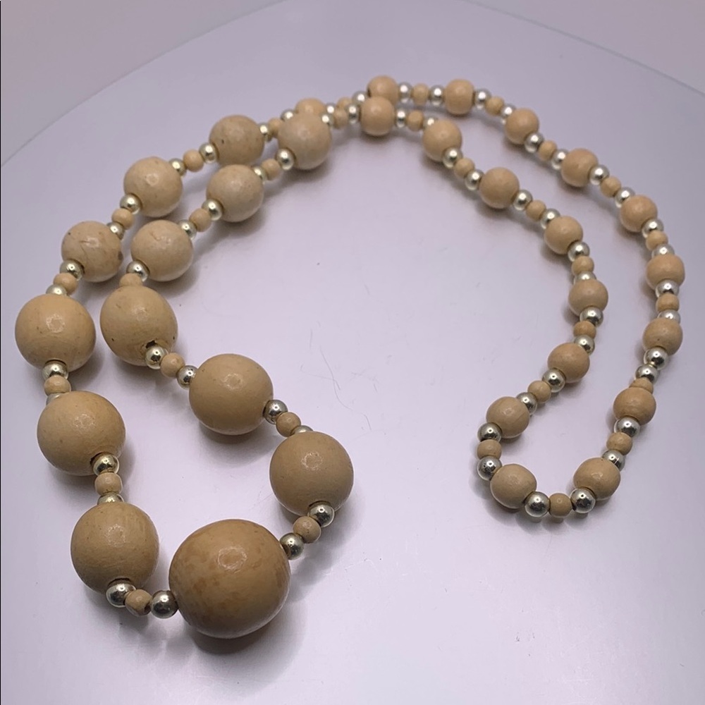 Vintage Graduated Tan Wooden Beaded Necklace‎ 30” Silver Tone Infinity
